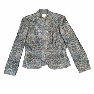 Armani Collezioni Silk Blazer Ribbon Textured Blue Grey 12 Made in Italy